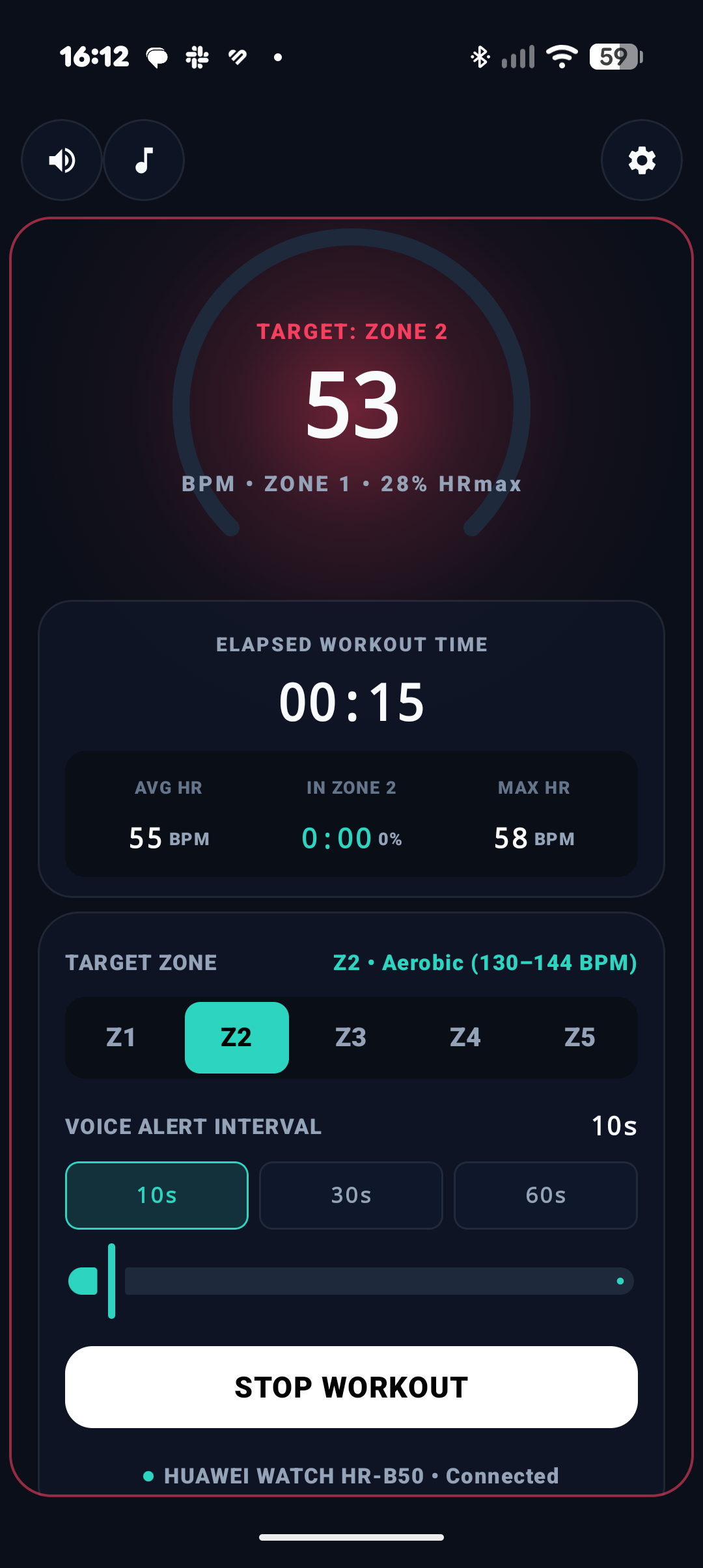 Active Workout Alert (Out of Zone) Screen